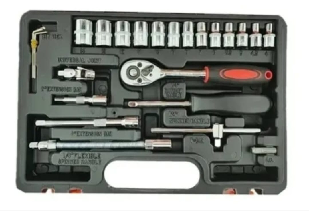 JUEGO DE LLAVES DINAMOMETRICAS KIT DADOS Y PUNTAS 46 Pcs 1/4 PLATEADO